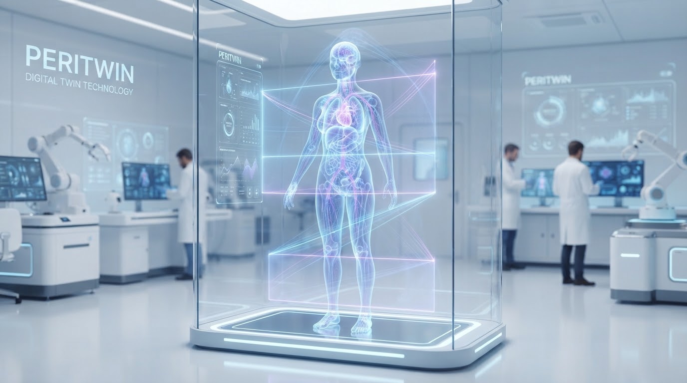 PeriTwin digital twin technology — a holographic patient model displayed in a clinical research lab