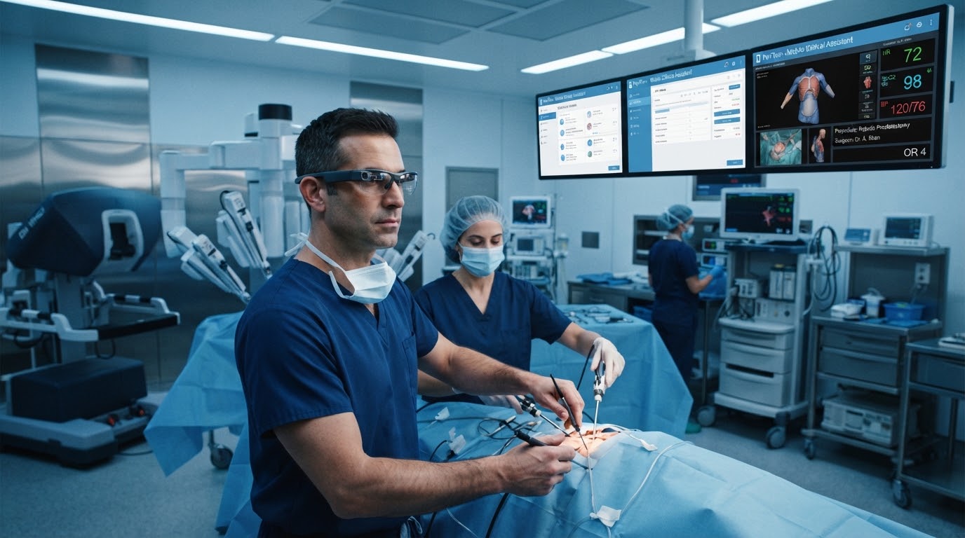 Wide view of an operating room where a surgeon wears PeriTwin smart glasses, with clinical dashboards and a digital twin on the wall monitors