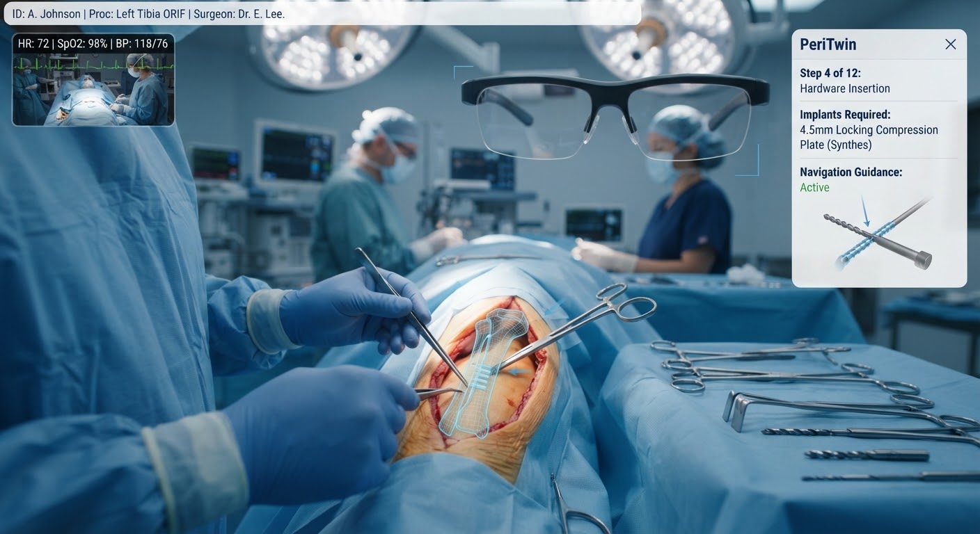 Point-of-view of an orthopedic procedure through PeriTwin smart glasses, with a live surgical navigation overlay and patient vitals